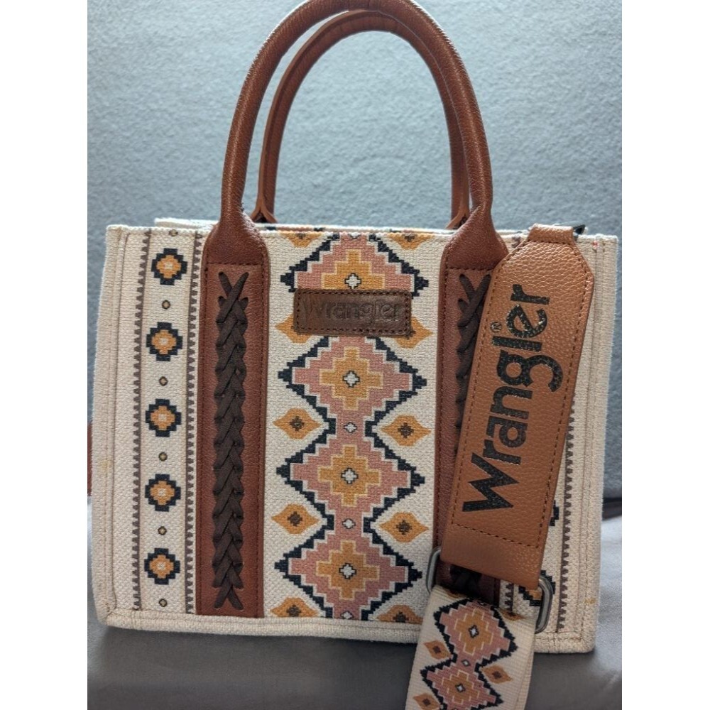 Wrangler Western Tote Bag Southwestern Pattern Canvas & Faux Leather Handbag
